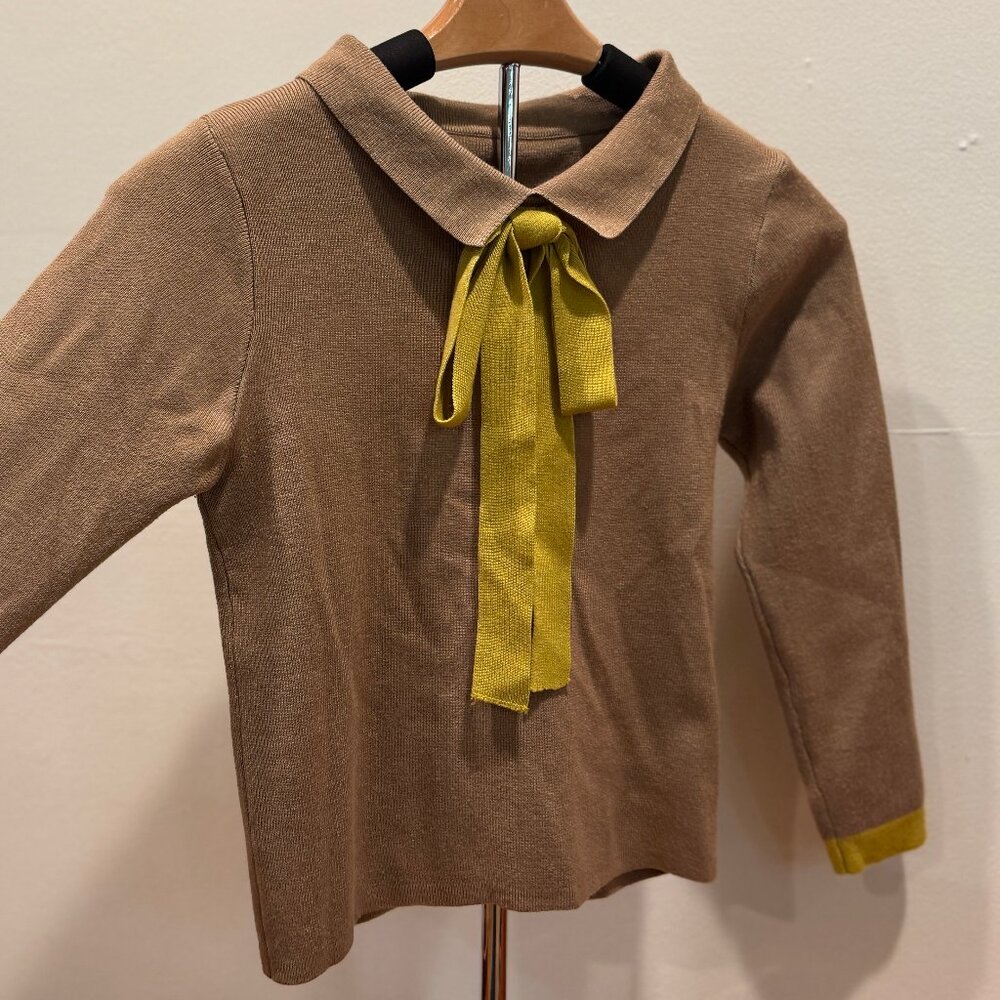 Vintage 60's knit sweater w/ pussybow necktie, caramel/yellow accent/ W's Small